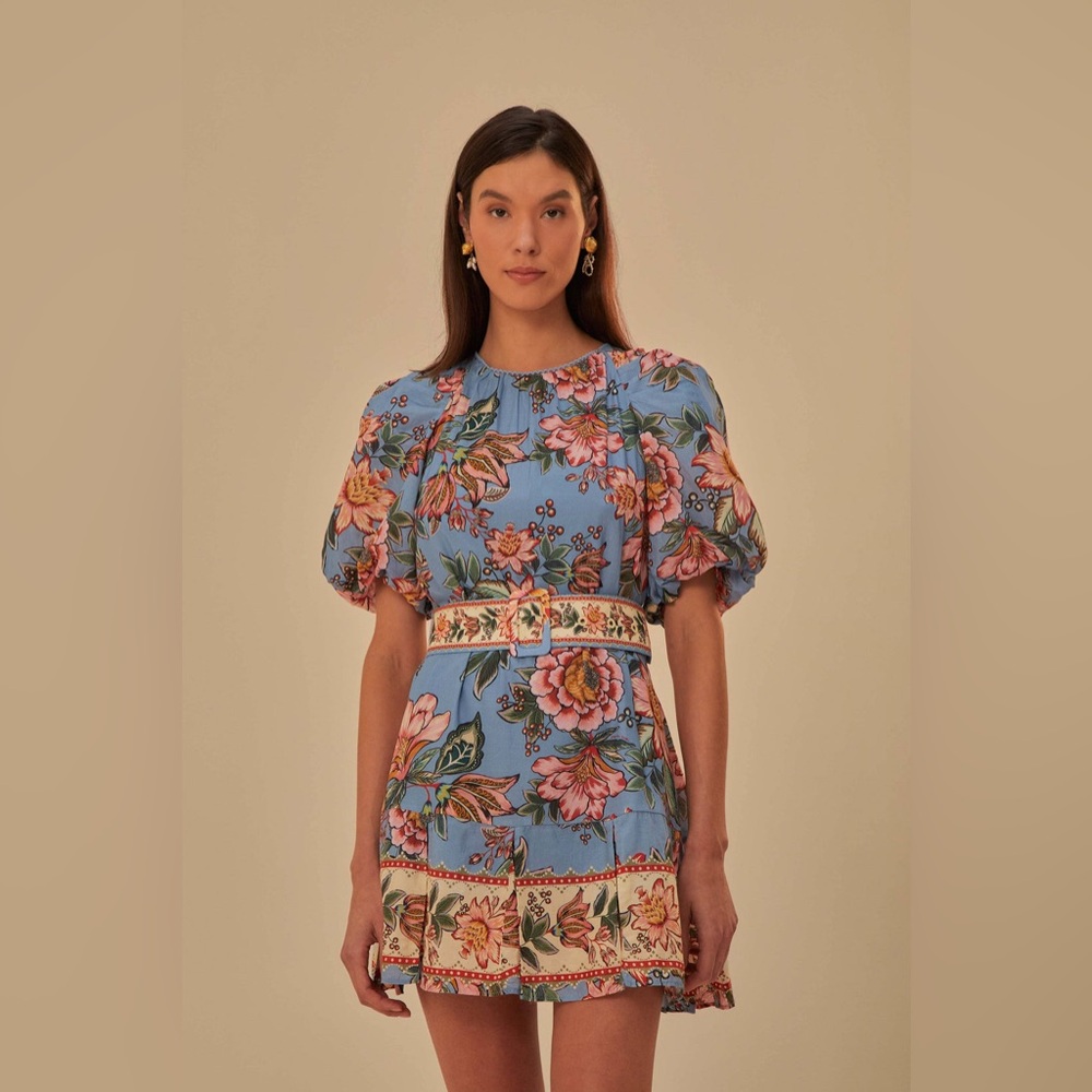Farm Rio unworn with tags Blue Wonderful Bouquet Mini Dress size Large